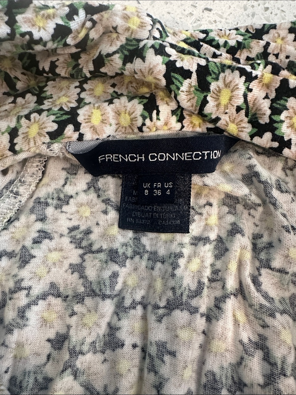 French Connection Green Floral Wrap Mini Dress with Yellow & White Daisies - Picture 2 of 2
